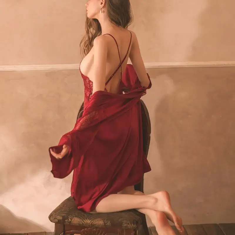 Pyjama Set Lady Silk Night Dress Sexy Black Lace Robes Women Kimono Nightwear Sexy Nighty for Honeymoon Night Dress Satin Robe