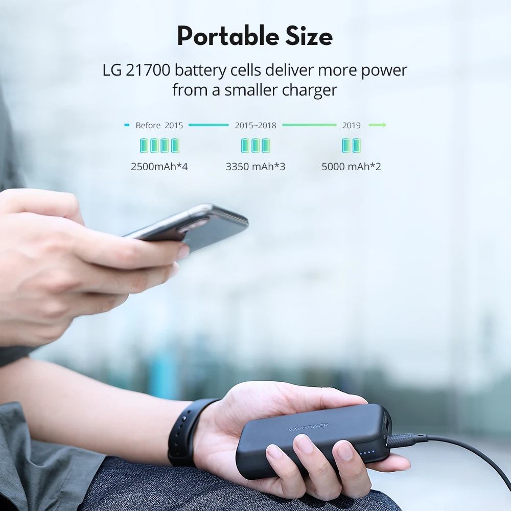RAVPower Latest 10000 mAh 20W black powerbank mini power bank portable charger 10000mah USB+PD power bank with cable