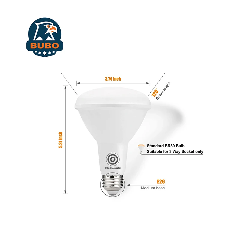 Bubo BR30 LED Bulb Dimming 3 Way Brightness Change 400lm 800lm 1200lm 4000K Bright White E26 Base Lighting