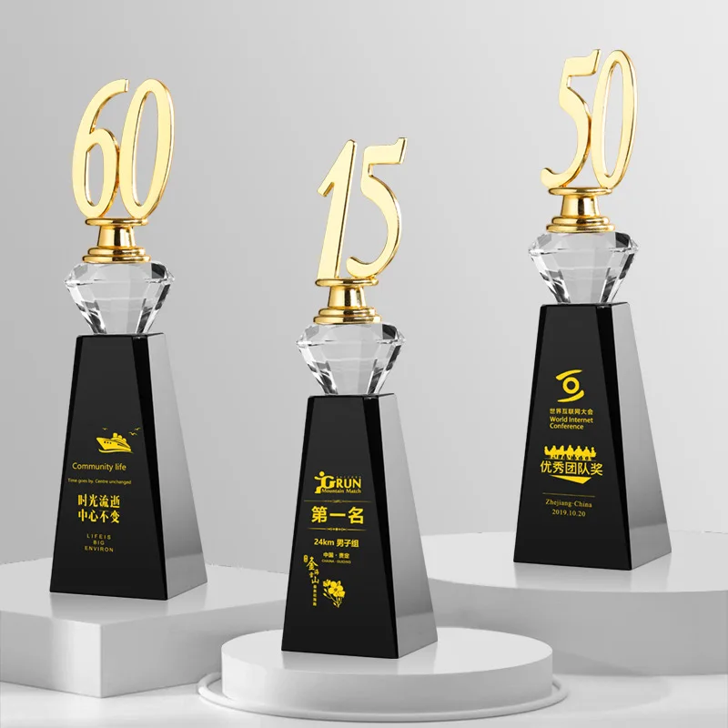 MH-NJ004 Gold Metal Number 5 10 15 20  25 30 Years Event Crystal Trophy Award With Black Base