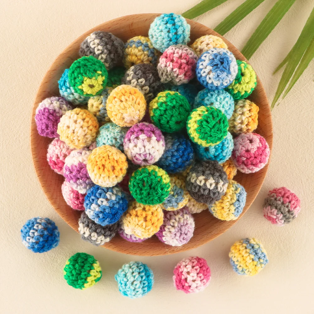 Organic Handmade 16mm Teething Wooden Colored Crochet beads Round Colour Mix Ball Knit Crochet Beads Baby Crochet Cotton Beads