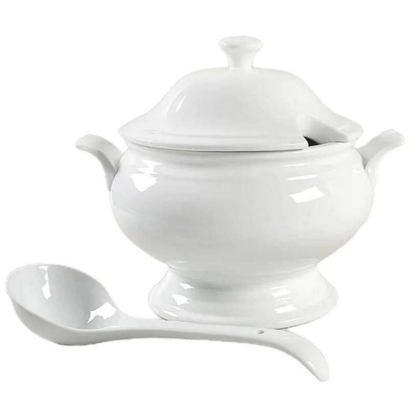 Custom glazed ceramic white soup bowl white soup tureen with ladle