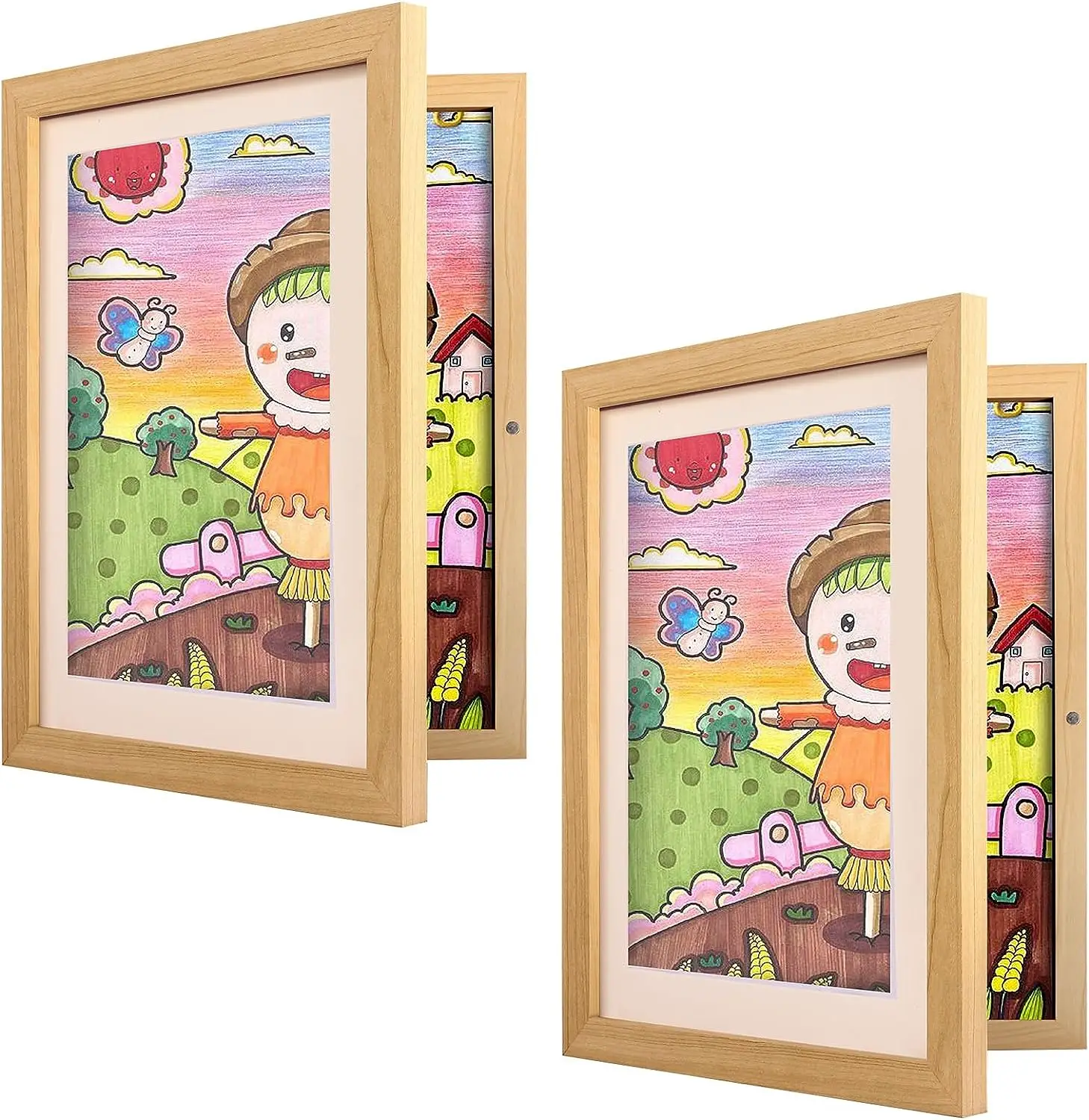 A4,A3,10*12.5in,8.5*11in,9*12in Front Opening Glass Kids Artwork Frame With Mat Display Wood Picture Kids Art Frame