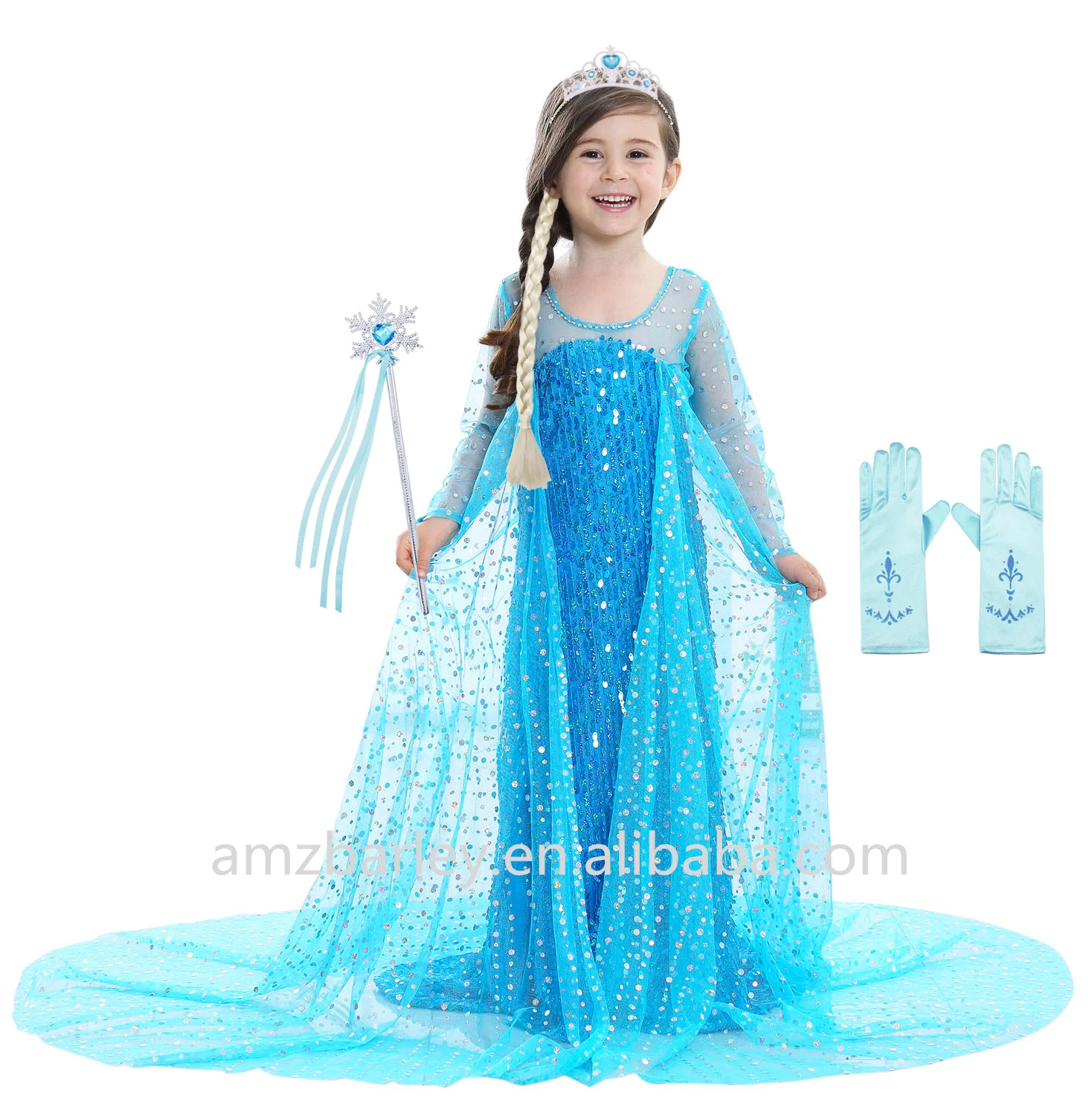 Hot Sale Long Cloak Elsa Queen Costume Sequin Kids Masquerade Party Dress for Ice Girls with Wig Crown Gloves Magic Stick