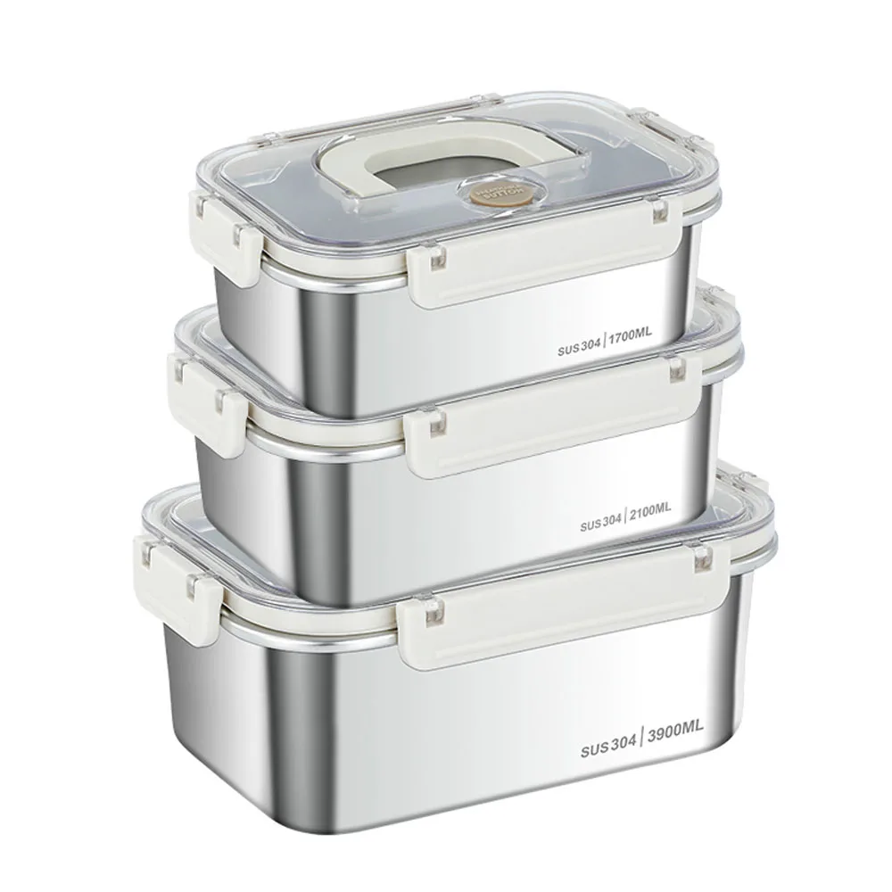 Microwave Oven Safe 304 Rectangle Airtight Lunch Container Fresh Keeping Box with Handle Stainless Steel Food Storage Container