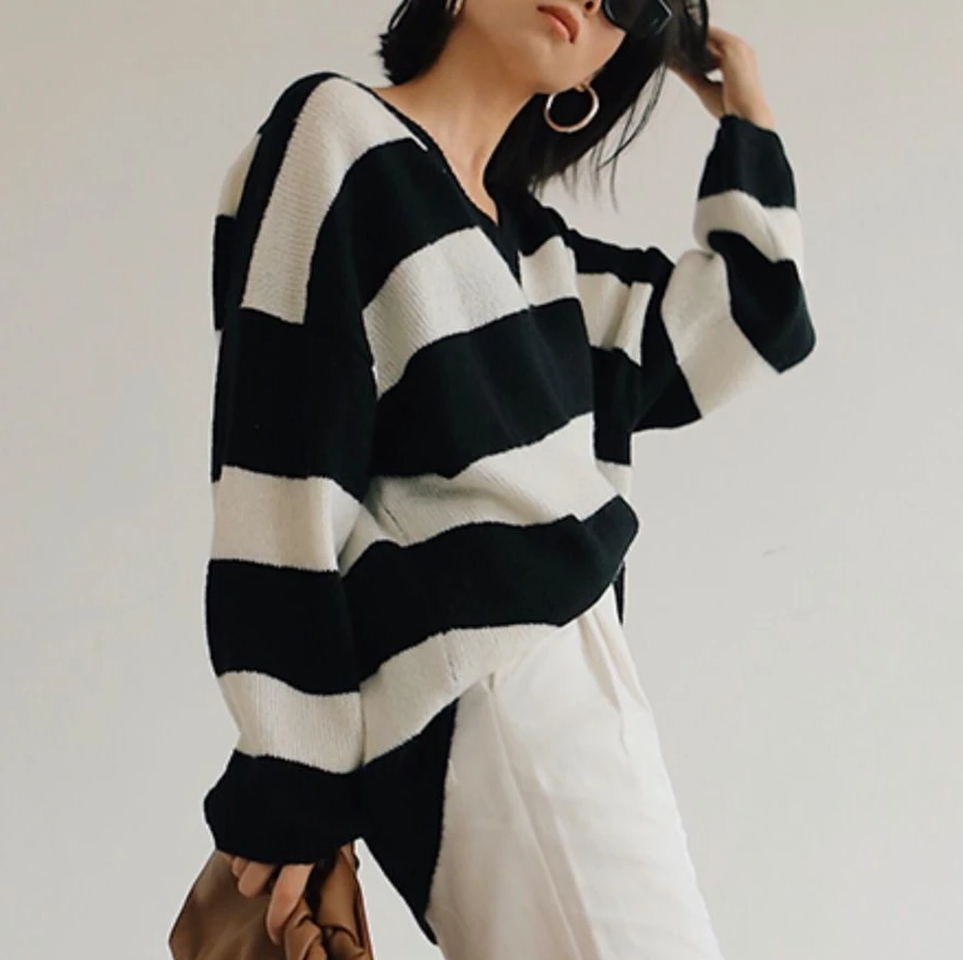 
OEM Factories New design Women sweaters V-neck relaxed Zebra Stripe comfortable long plus size Full Sleeve pullovers 