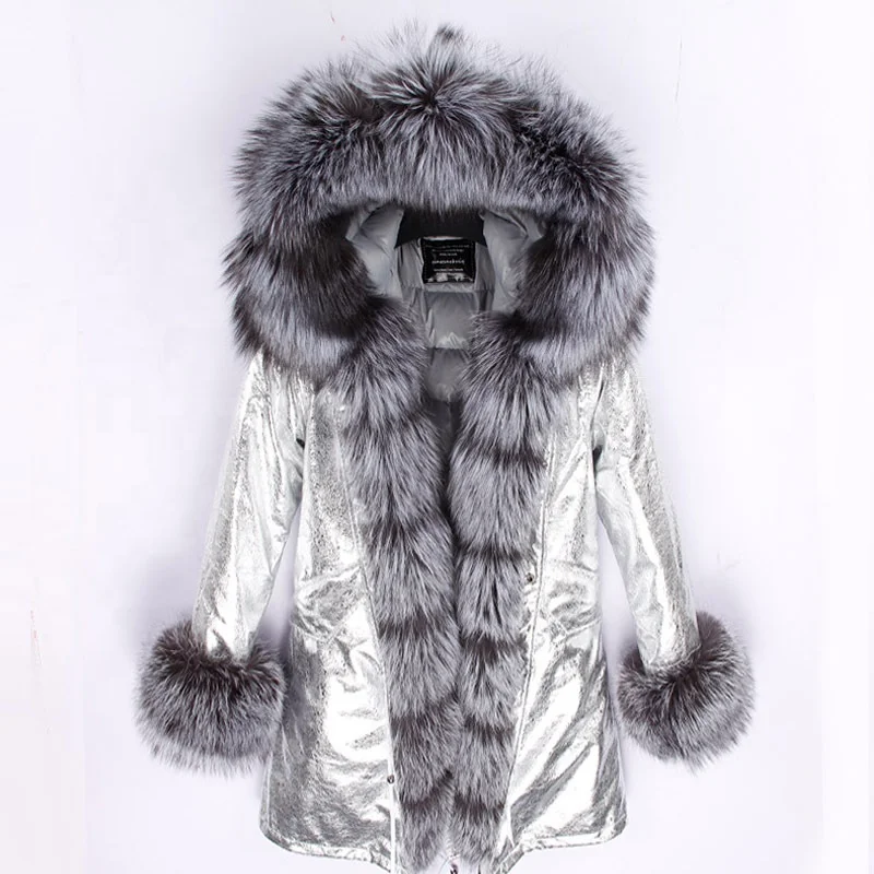 Real fox fur parka luxury fur style men women down jacket with big fur