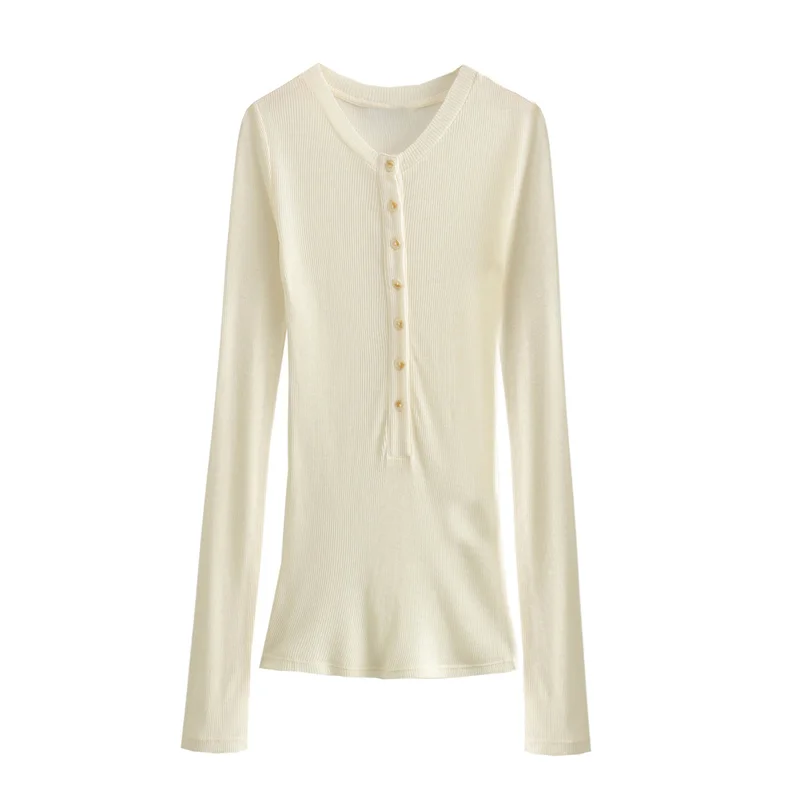 TAOP&ZA white slightly see-through short long-sleeved 2024 thin slim fit pure desire base knitted T-shirt top for women 8779153