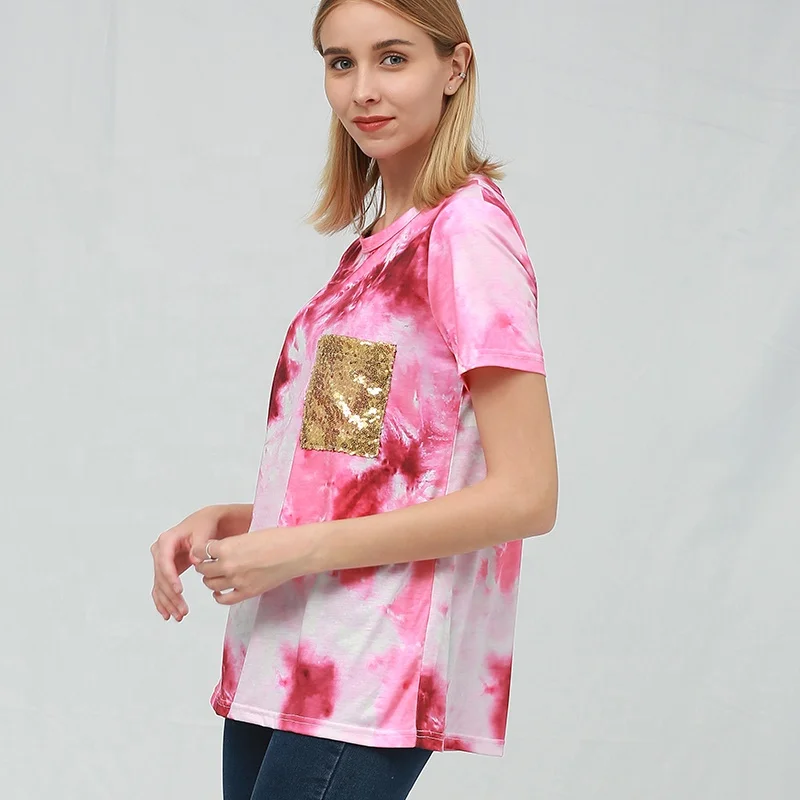 Summer Tie Dye Print Patchwork Sequin Pocket Women Plus Size Transfer Tshirt custom women t-shirt