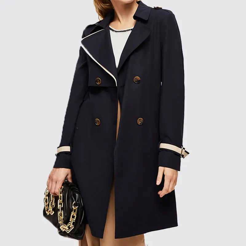 Modern Quality Class Women Long Jackets And Coats Wholesale Polyester Made Dark Blue Casual Trench Lady Trench Coat