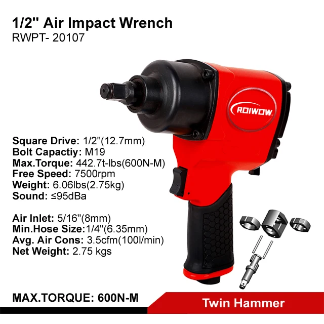 1/2 inch Pneumatic High Torque Wrench Twin Hammer Air Impact Wrench Tool Kit Pneumatic Torque Wrench Air Gun Set Socket