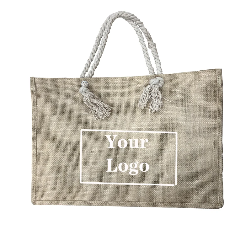 Portable Burlap Jute Shopping Bag Handbag Bamboo Loop Handles Tote Retro DIY Bag Handbag Women Big Size Beach Bag For Girls
