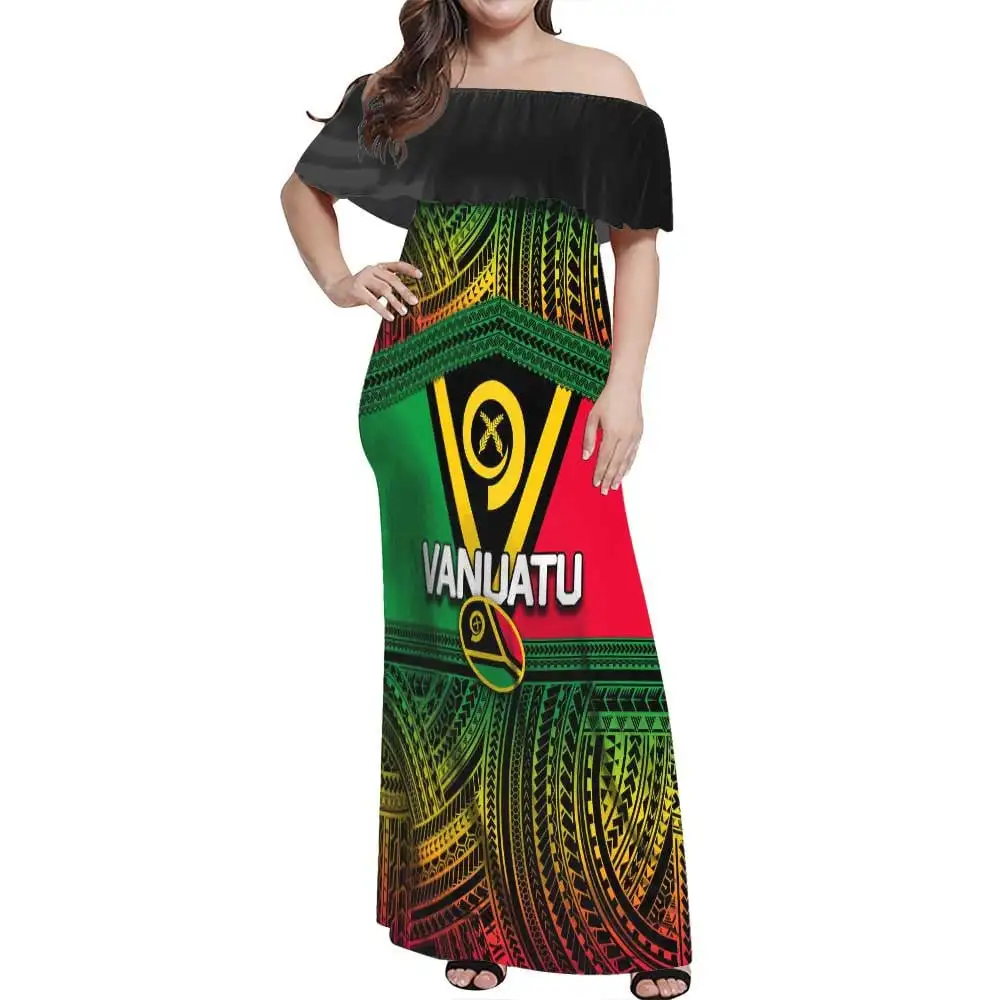 Print on Demand Custom Vanuatu designed maxi dress Polynesian traditional tattoo design Long Dress Ruffled Off-shoulders Dress