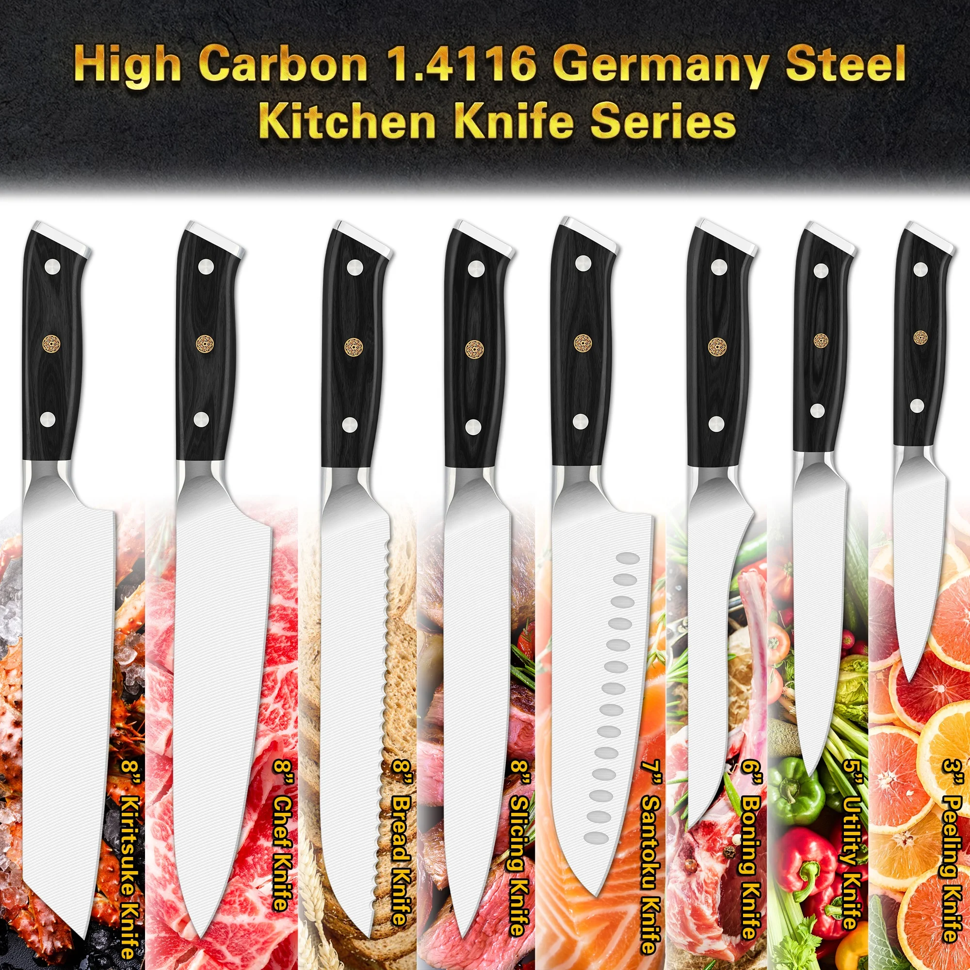 10% Off Custom Logo Black Pakka Wood 8 inch 1.4116 forged serrated bread knife made of german stainless steel
