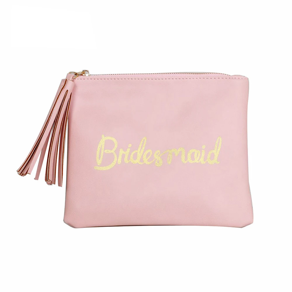 Chiterion Premium Gold Foil Baby Pink Small PU Faux Leather Flat Cosmetic Bag Makeup Bag With Tassel Women Handbag Pouch Wallet