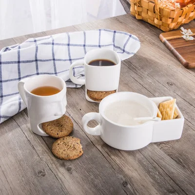 Wholesale 225 Ml Ceramic Tea Mugs White Cup With Biscuit Pocket Holder 8 Oz Cookies Milk Coffee Mug