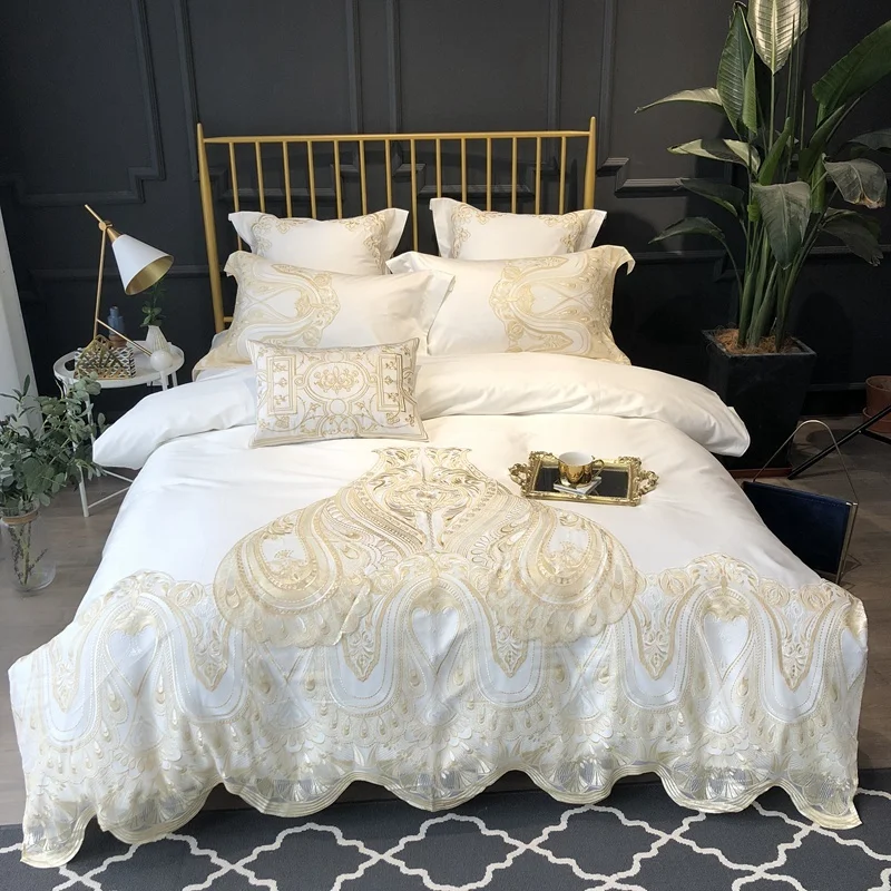 Beautiful lace home textile bed linen luxury bedding set embroidery bed sheet duvet cover set queen size