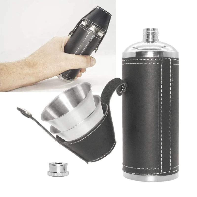 Wholesale cylinder  8oz metal stainless steel hip flask set with Leather Cover with steel cup