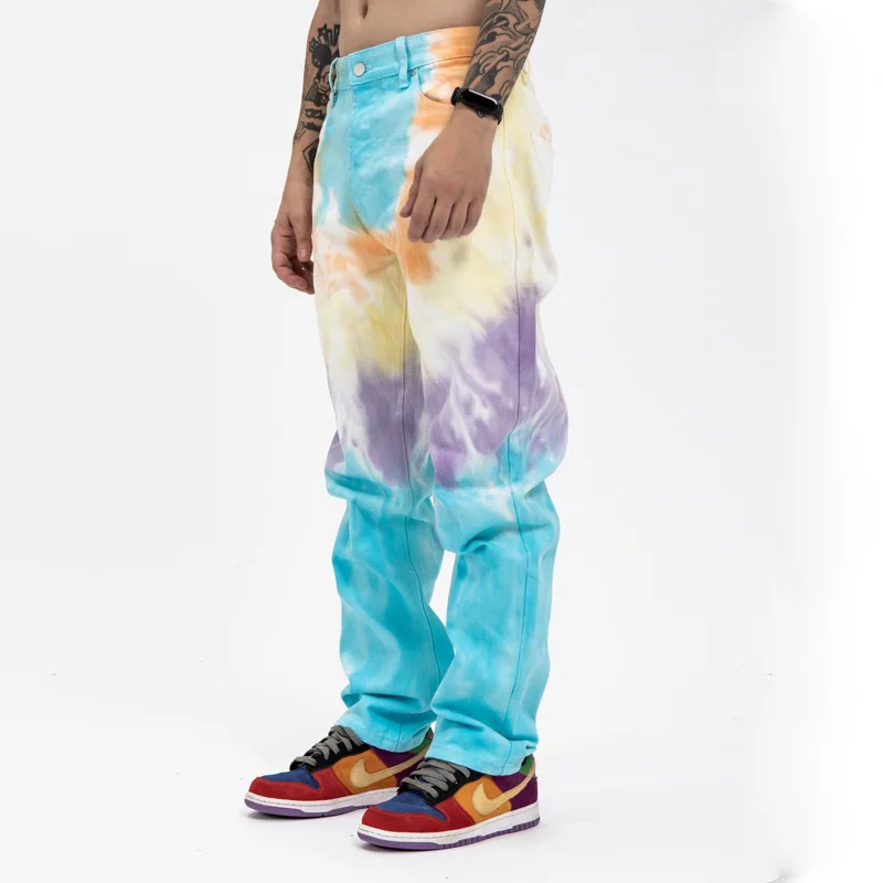 Custom high street baggy denim  loose multicolor tie dye jeans men denim jeans wide leg  jeans for men