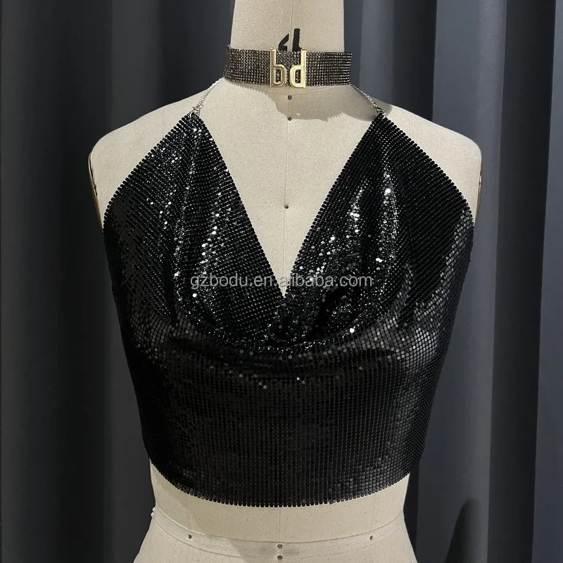 Party Black Gold Chainmail Top Backless Mesh Top