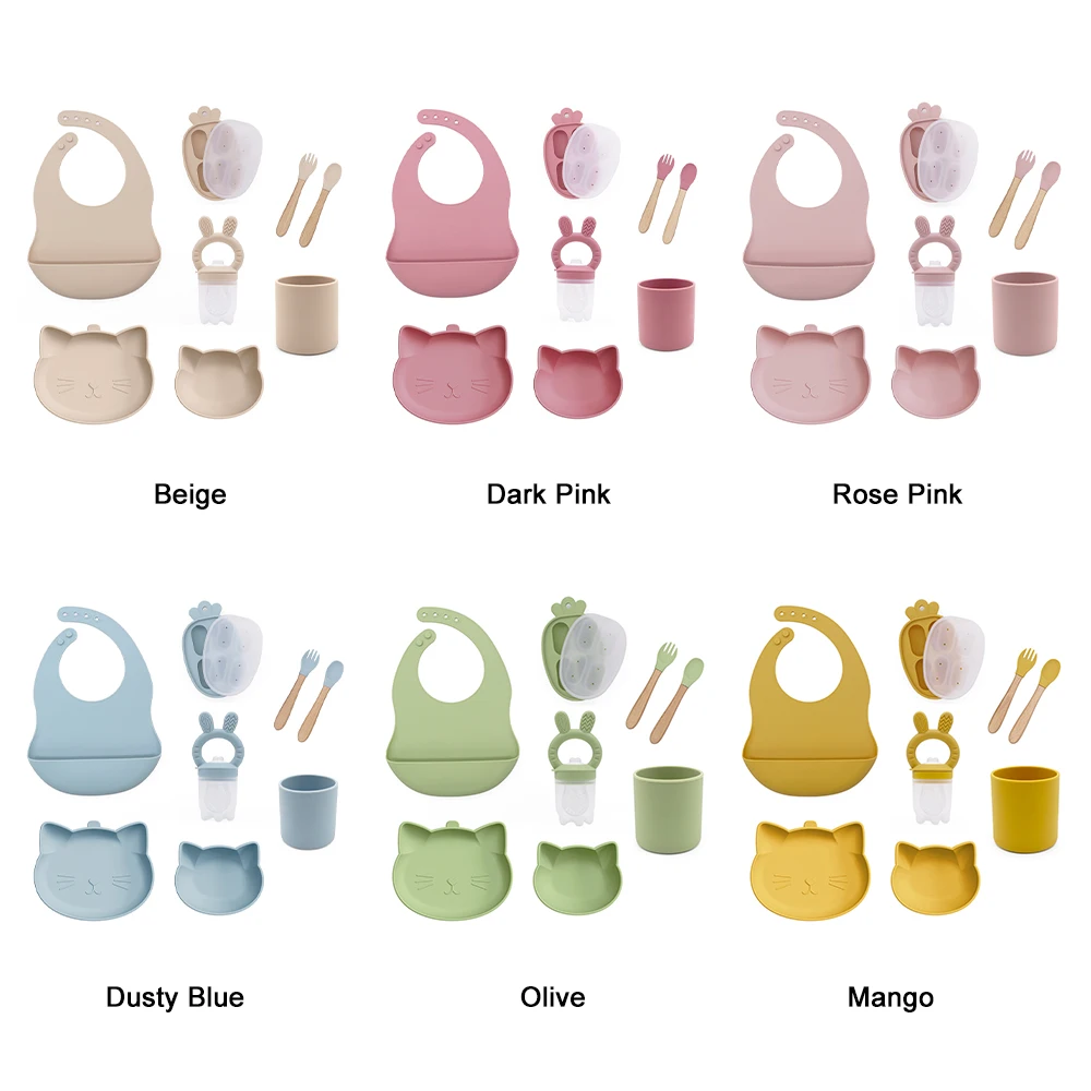 New Design BPA Free No Spill Baby Bowl Suction Kids Plate Cat Animal Silicone Baby Feeding Set
