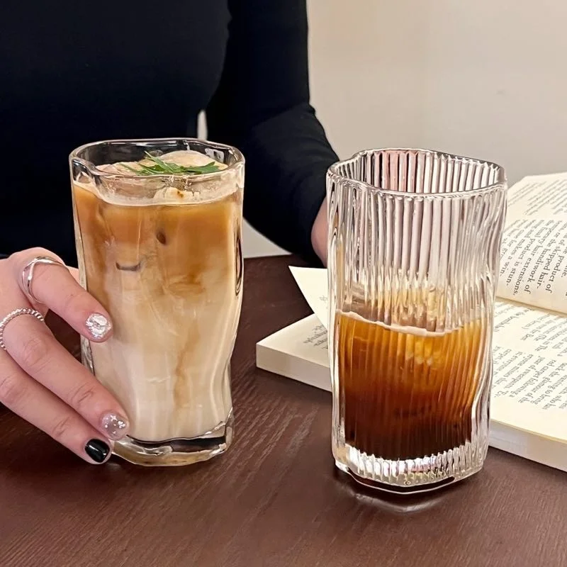 Unique 270ml Irregular premium glass cups durable origami twist Iced American latte glass cup home office cold drink coffee mug