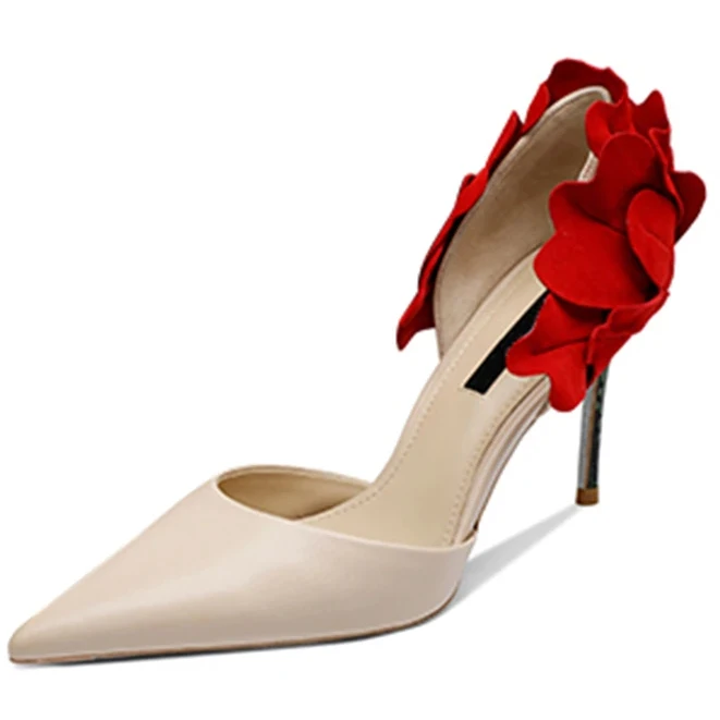 Custom Logo Large Size New Arrivals Nightclub Silk Red Sexy Back Flower Heel Dress Shoe Pointed Toe Thin High Heel Women Pumps