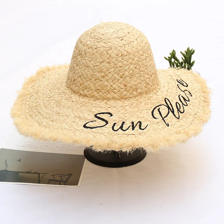 high quality raffia straw custom embroidered summer hats frayed edge ladies women beach hat