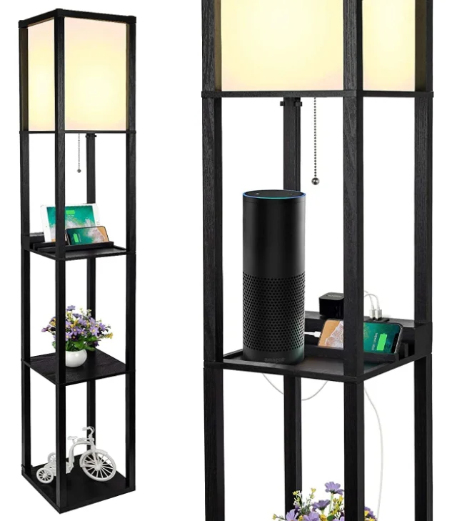 Floor Lamp With Shelves Modern Floor Lamp With USB Port & AC Outlet Display Storage Wood Standing Light