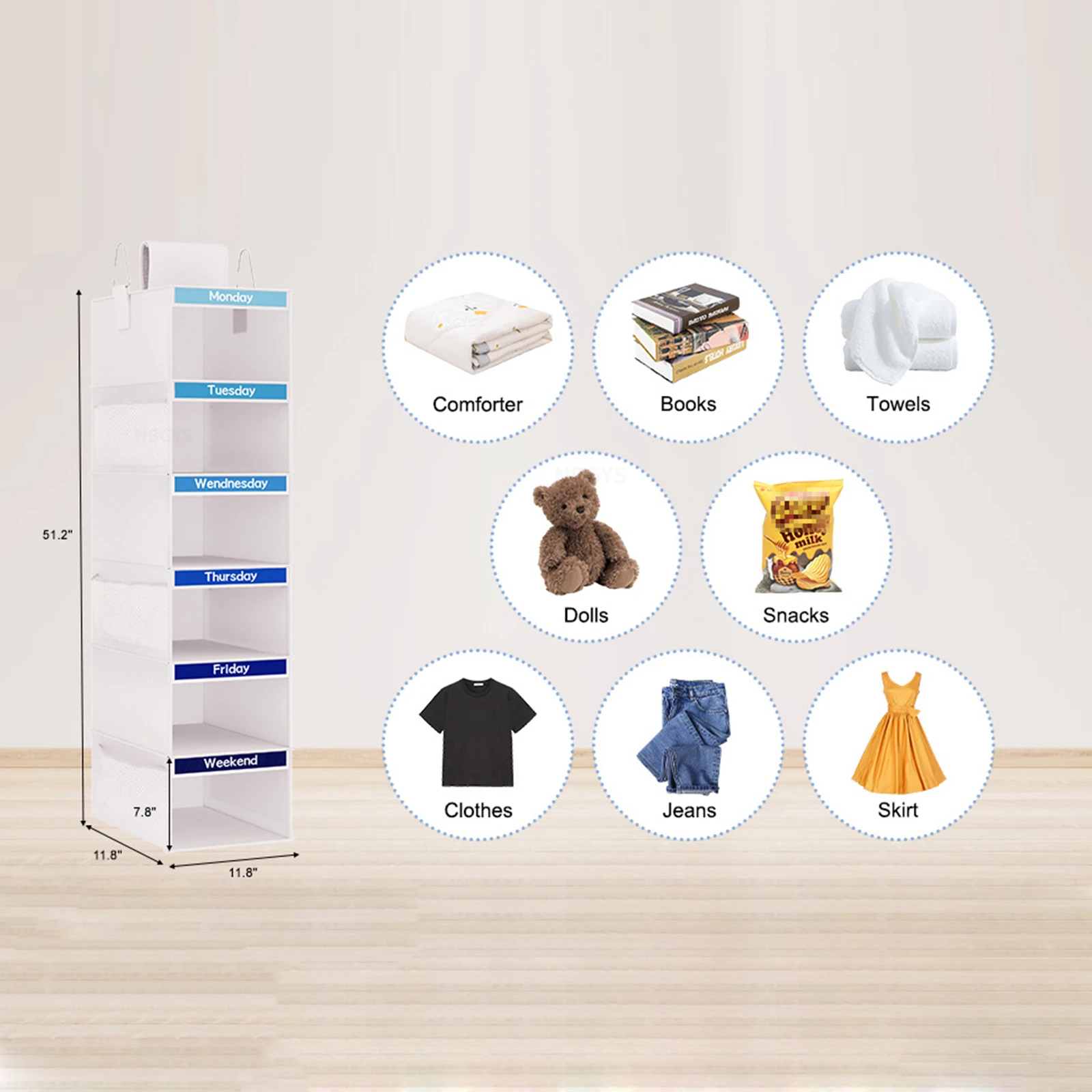 Kids Closet Organizers and Storage,Weekly Hanging Clothes Organizer,Daily Kid Outfit Organization,6 Shelf,Monday Through Weekend