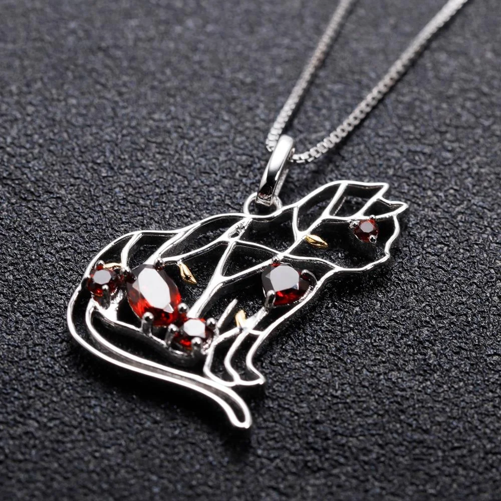 Abiding Jewelry Cat Animal Garnet Gemstone Women Handmade Fashion 925 Sterling Silver Custom Pendant Necklace