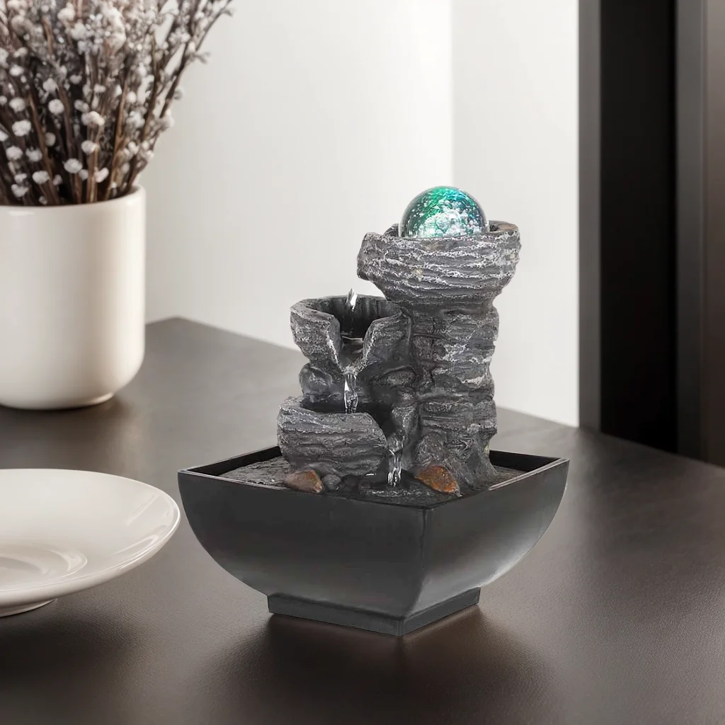 Wholesale Indoor Zen Meditation Relaxation Decor Desk Waterfall 3 Tier Rock Water Fountain Resin Tabletop Small  Fountain