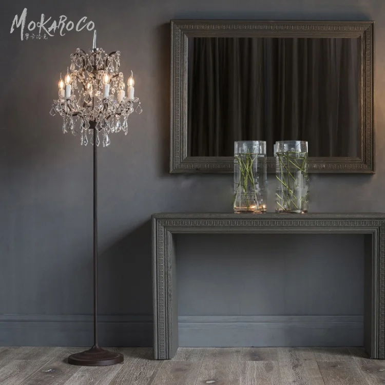 
19TH C. ROCOCO IRON CRYSTAL FLOOR LAMP rust color antique wrought iron floor standing crystal floor lamp 