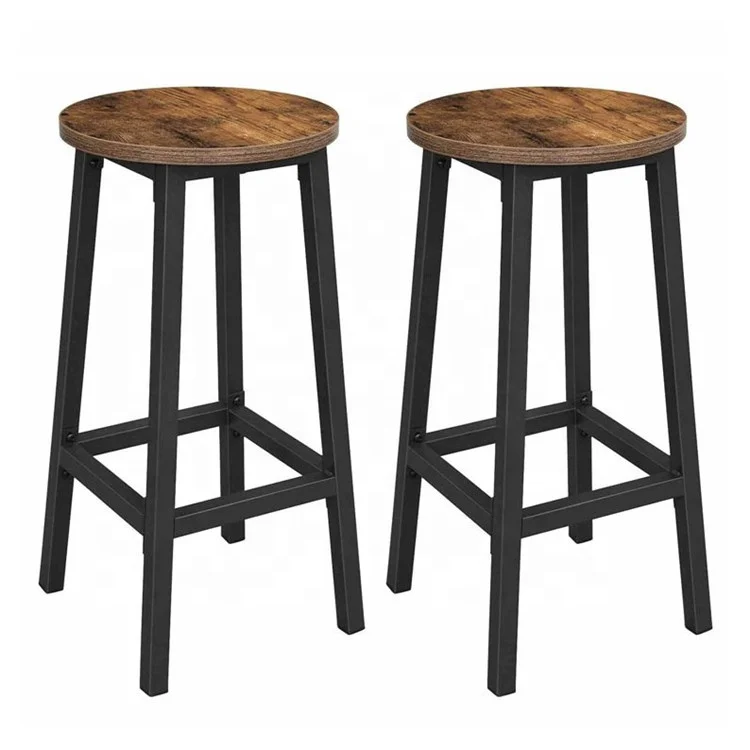 Set of 2 Vintage Rustic Brown Round Breakfast Stools with Footrest
