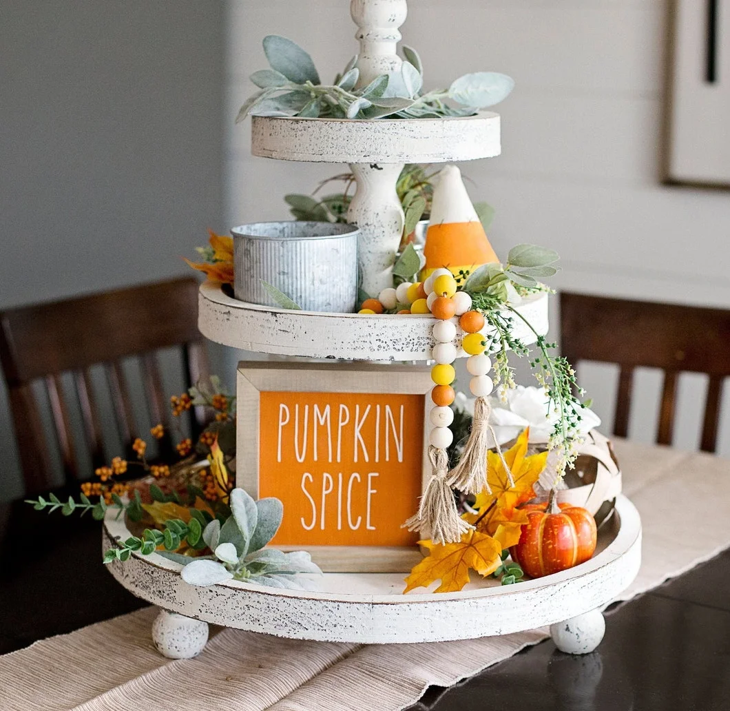 Fall tiered tray bundle Wood bead garland farmhouse decor tiered tray halloween decor fall decor fall tiered tray