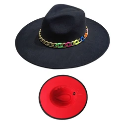 Two Tone 9.5cm Wide Brim Felt  Fedora hats Wholesale High Quality Panama Hat with Multi Color Chain Buckle Decor Jazz Cap Hats