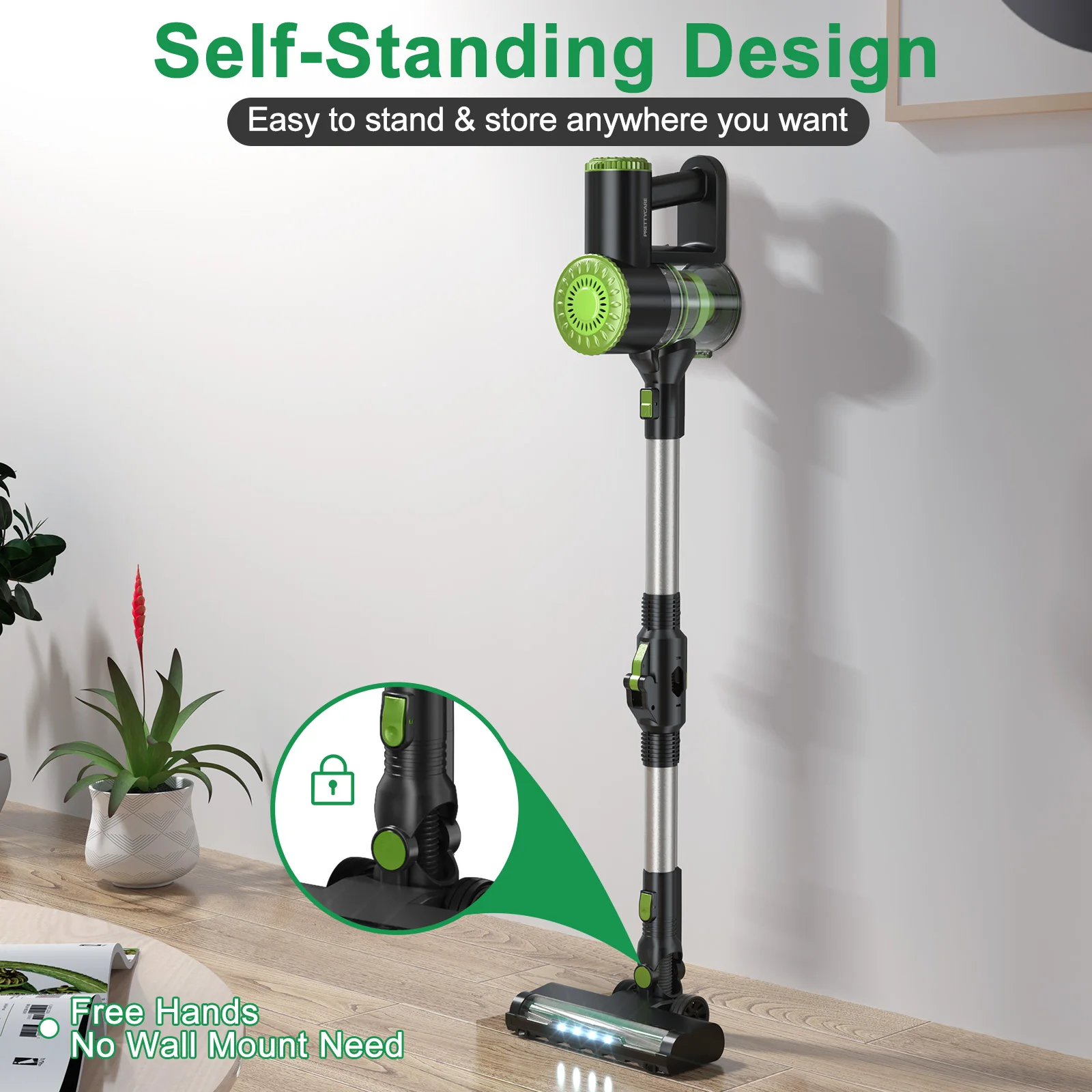 PRETTYCARE W400 20KPA Suction Stick Vacuum Cleaner Wireless Home Use Carpet Floor Care Vacuum Cleaner Self Standing