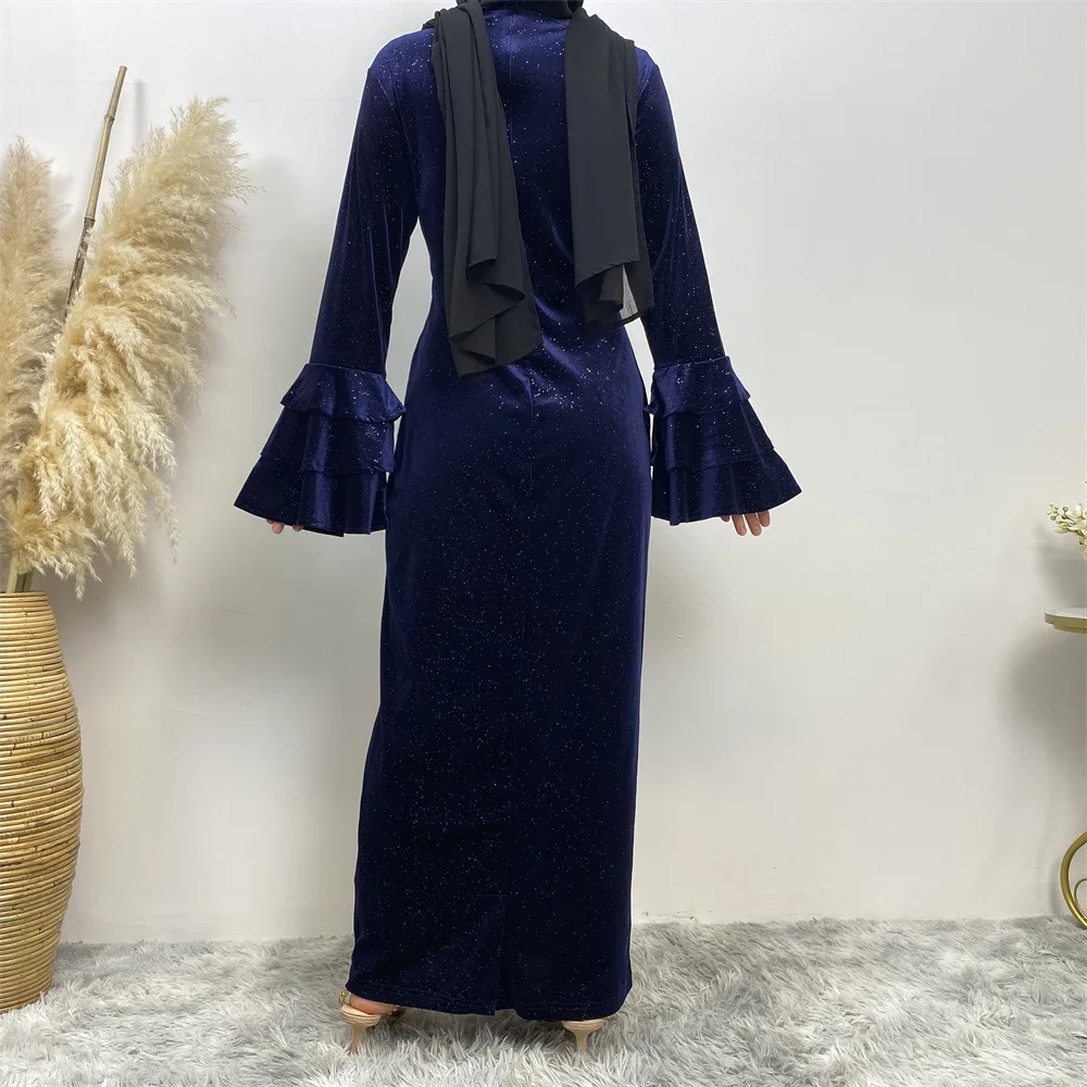 Hot Selling Velvet Flared Trumpet Sleeve Pure Color Shiny Muslim Party Dresses Simple And Elegant Thickened Glitter Abaya dubai