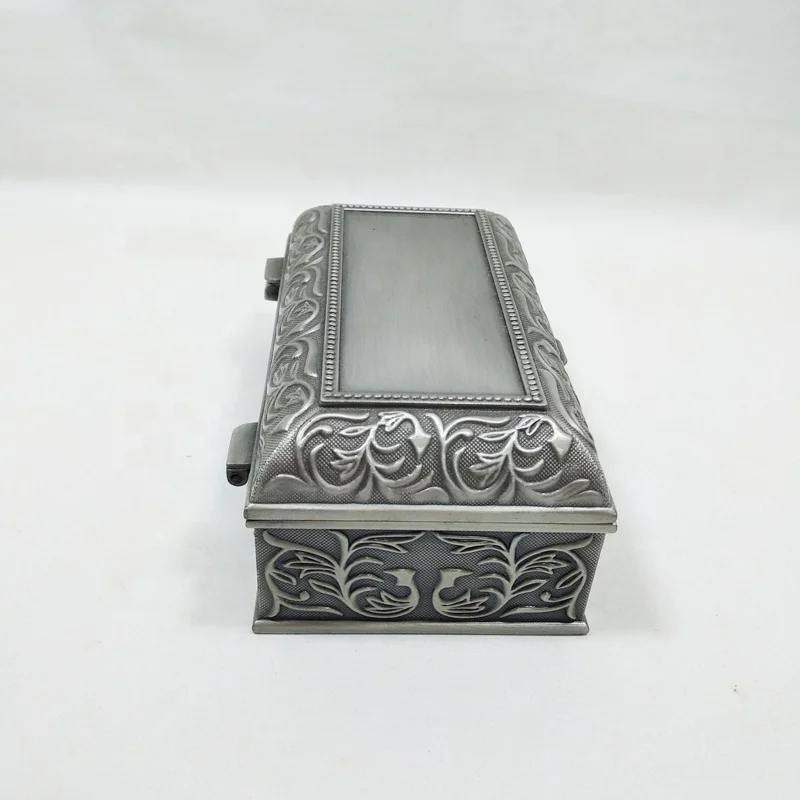 Zinc alloy medium rectangle jewelry box with classical flower patternin in pewter plated