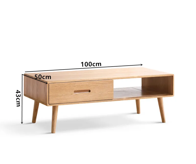 Modern Fashion Simple Style Long Rectangle Oak Coffee Table With Double Drawers