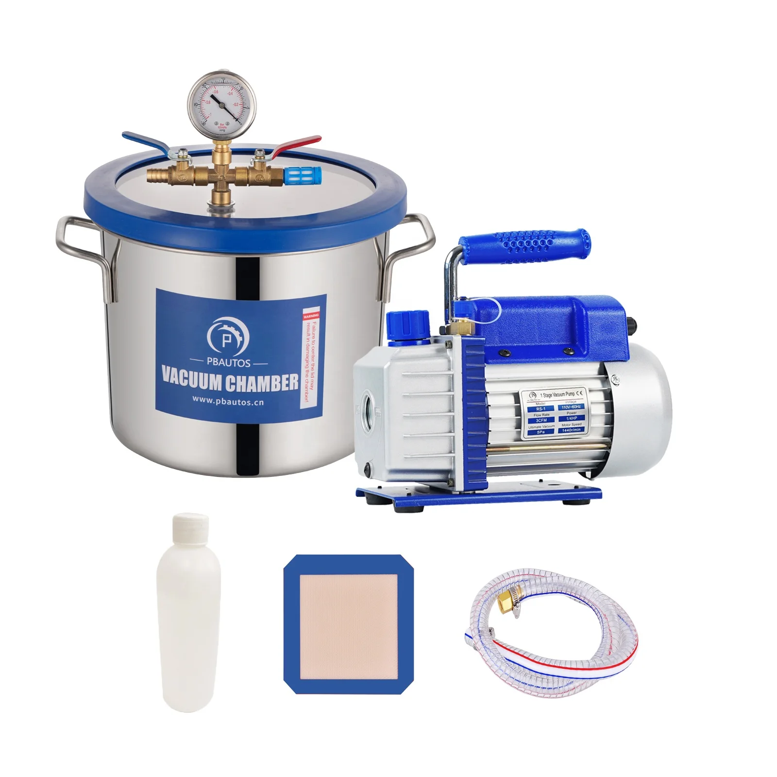 P PBAUTOS 3.5CFM Vacuum Pump and 2 Gallon 7.6L Stainless Steel Degassing Vacuum Chamber Vacuum Pump Set