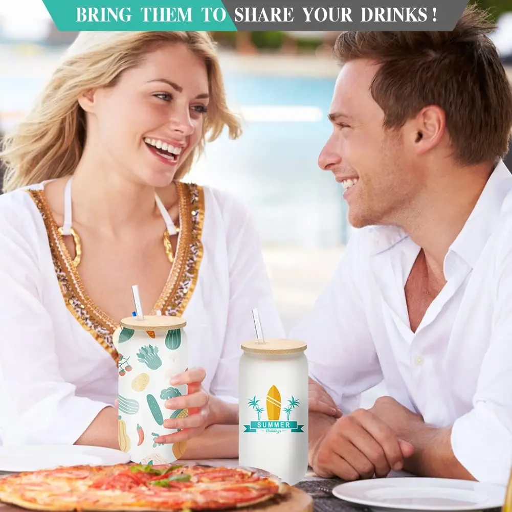 Frosted 16oz Blank Beer Can with Bamboo Lid and Straw Borosilicate Sublimation Glass Cup Tumbler for Juice, Soda, Iced Coffee