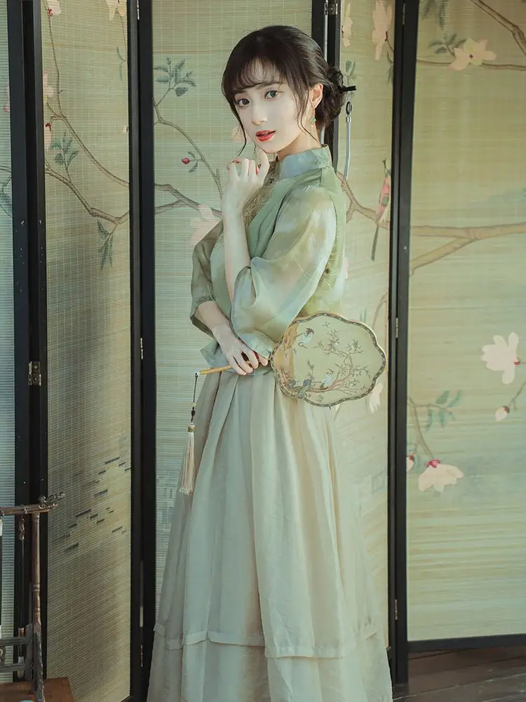2024 Hanfu винтажный комплект из 2 предметов сценическая одежда обновленные старинные костюмы для выступлений с воротником-стойкой платье принтом чернил