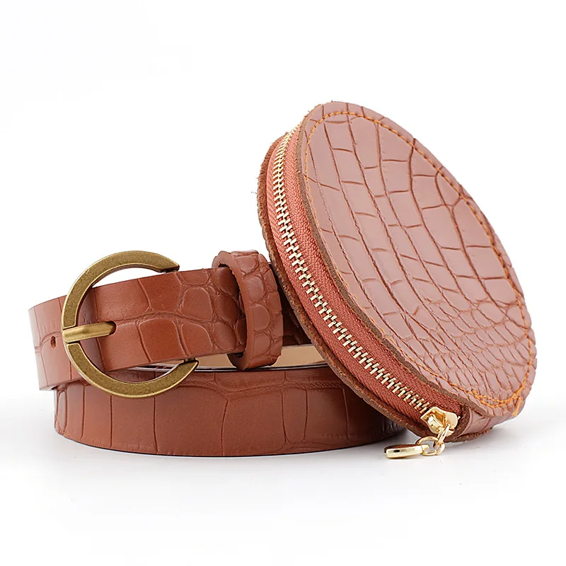 New Fashion Round Pouch Belt Crocodile Pattern PU Leather Belt For Coat Dress Creative Decorative Pocket Purse Waistbelt