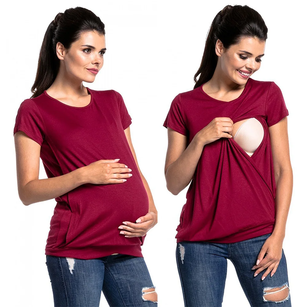 Maternal Clothing Hot Selling Pregnancy Mommy Lactation T-Shirt Short Sleeve Maternity Wear Casual  Breastfeeding Blouse