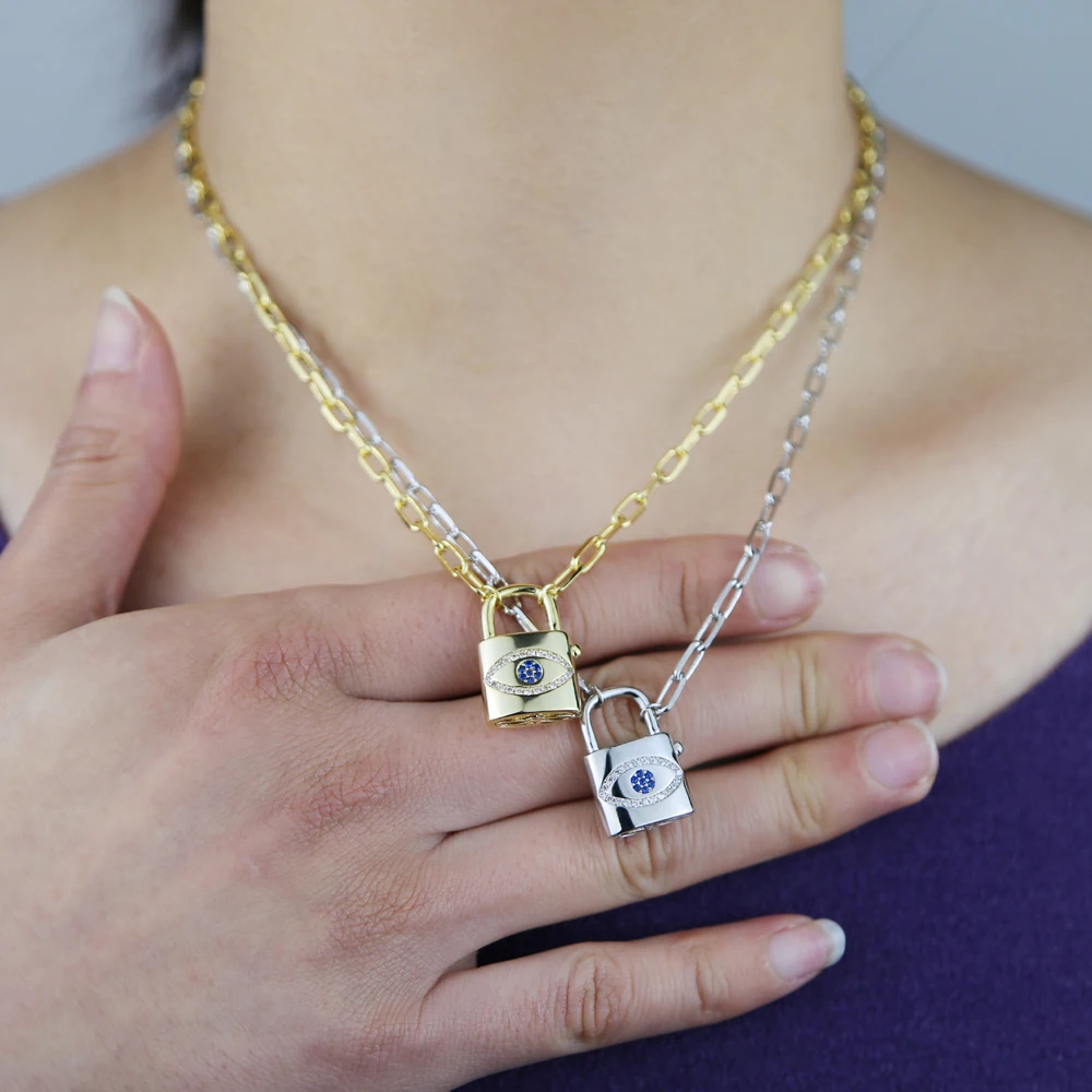 Fashion Silver Gold Plated Evil Eyes Signet Concentric Lock Pendant Paperclip Link Chain Necklace For Women