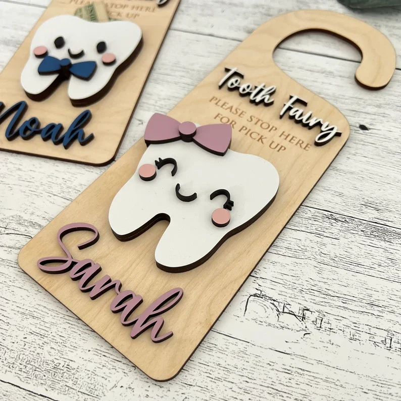 Encourage Gift for Kids Room Decor  Tooth Fairy Door Hanger wooden  tooth fairy  money  Holder