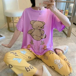 Wholesale cartoons printed short sleeves pajamas milk silk two piece set sleepwear Korean cute casual night wear for lady