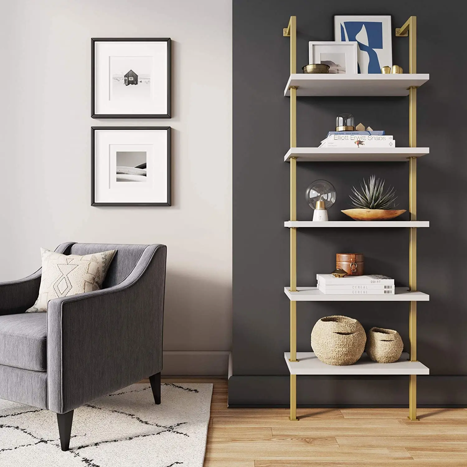 
5-Shelf Ladder Bookcase with Brass Metal Frame Wooden Shelves For Living Room Organizer 