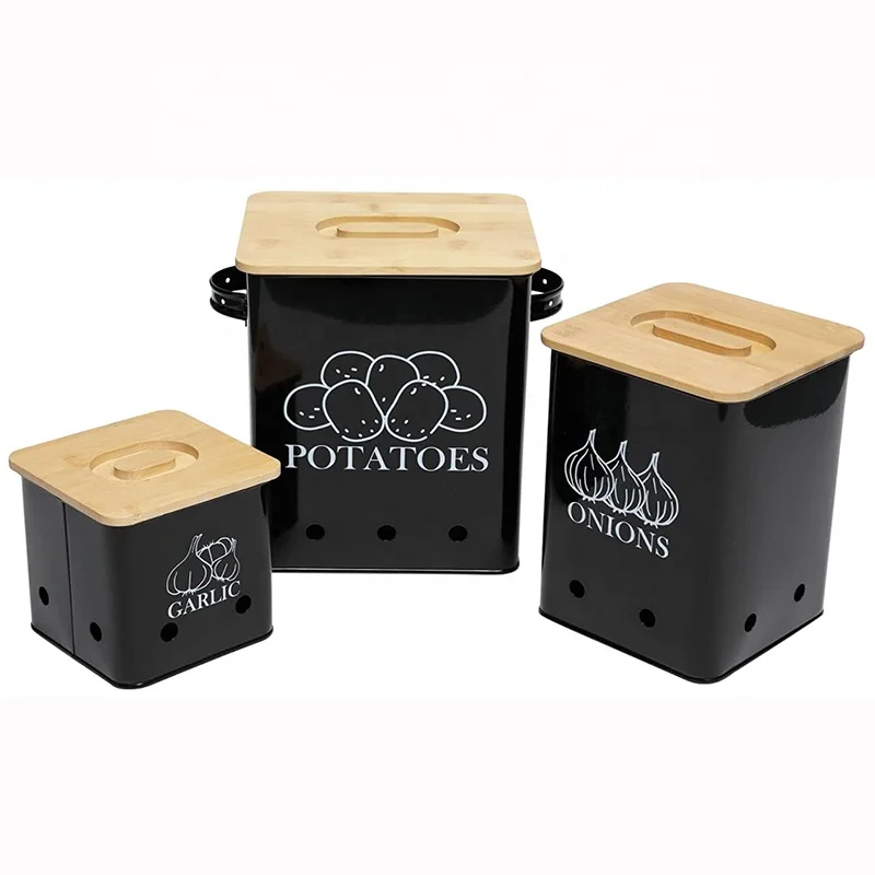Kitchen Set Of 3 Potatoes Onion Garlic Storage Bin With Unique Bamboo Lid Metal Potato Storage Container